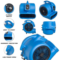 CHO Air Mover Durable Lightweight Carpet Dryer Utility Blower Floor Fan for Janitorial Cleaner Home Commercial Blue - CHO Sports