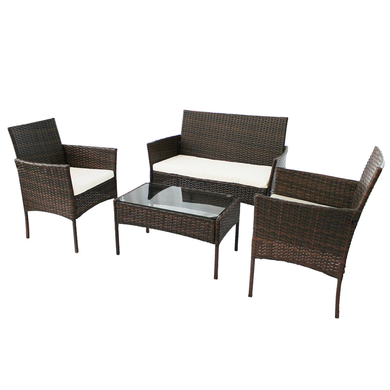 CHO Patio Wicker Furniture Outdoor 4 Pieces Rattan Sofa Garden Glass Table Set