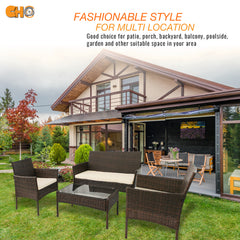 CHO Patio Wicker Furniture Outdoor 4 Pieces Rattan Sofa Garden Glass Table Set