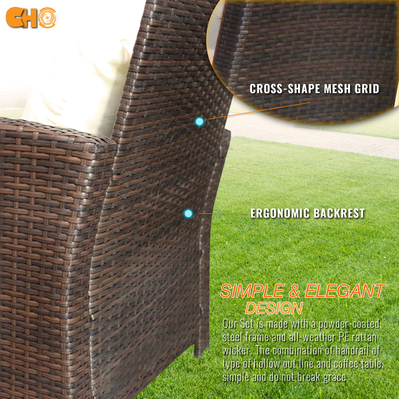 CHO Patio Wicker Furniture Outdoor 4 Pieces Rattan Sofa Tempered Glass Table Set